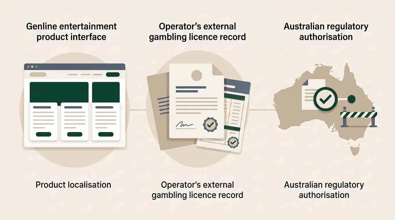 Conceptual diagram separating Realz product evidence, external licensing and Australian regulation