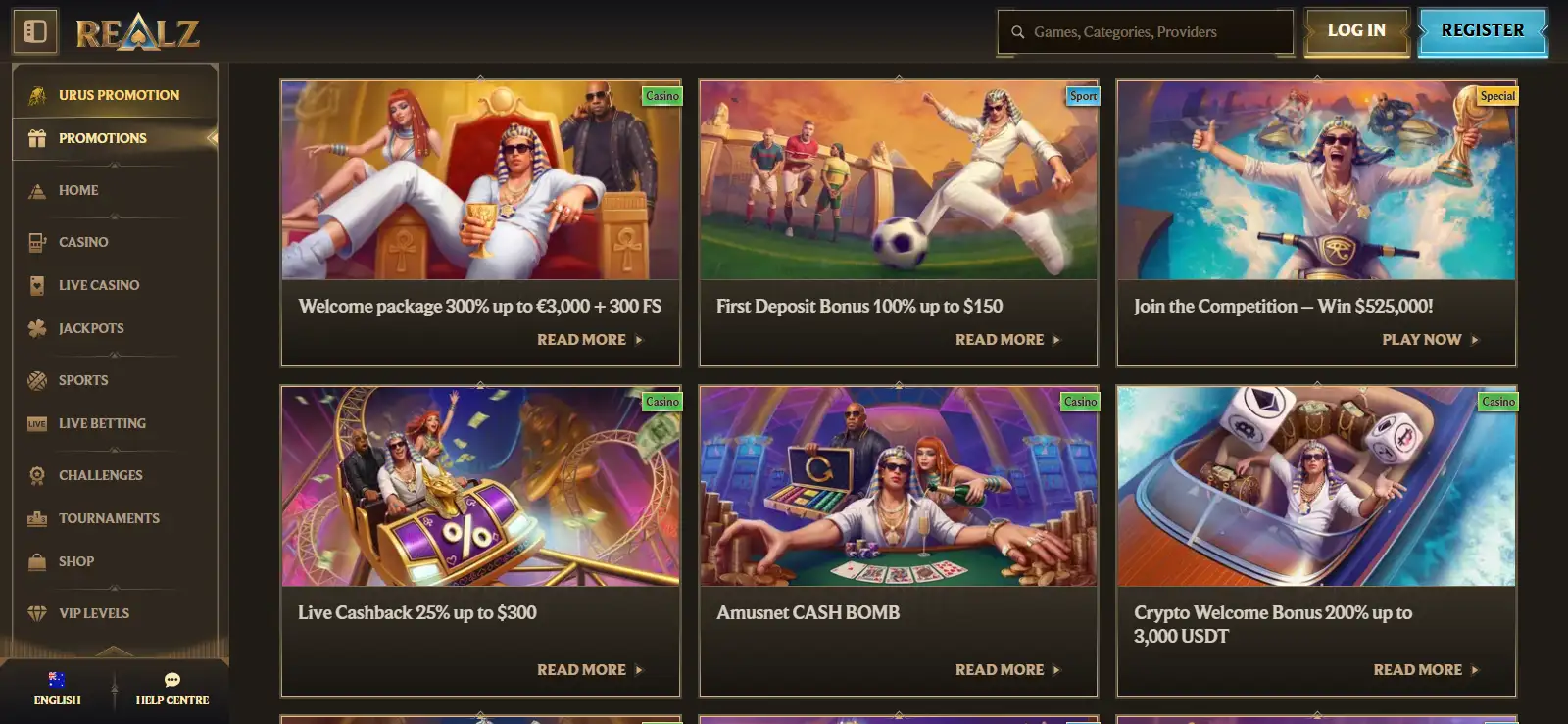 Current Realz Australia promotions index with casino, sports, cashback and reload offers