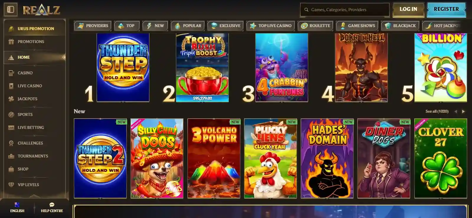 Realz Australia homepage with casino, live casino, sports and pokies navigation