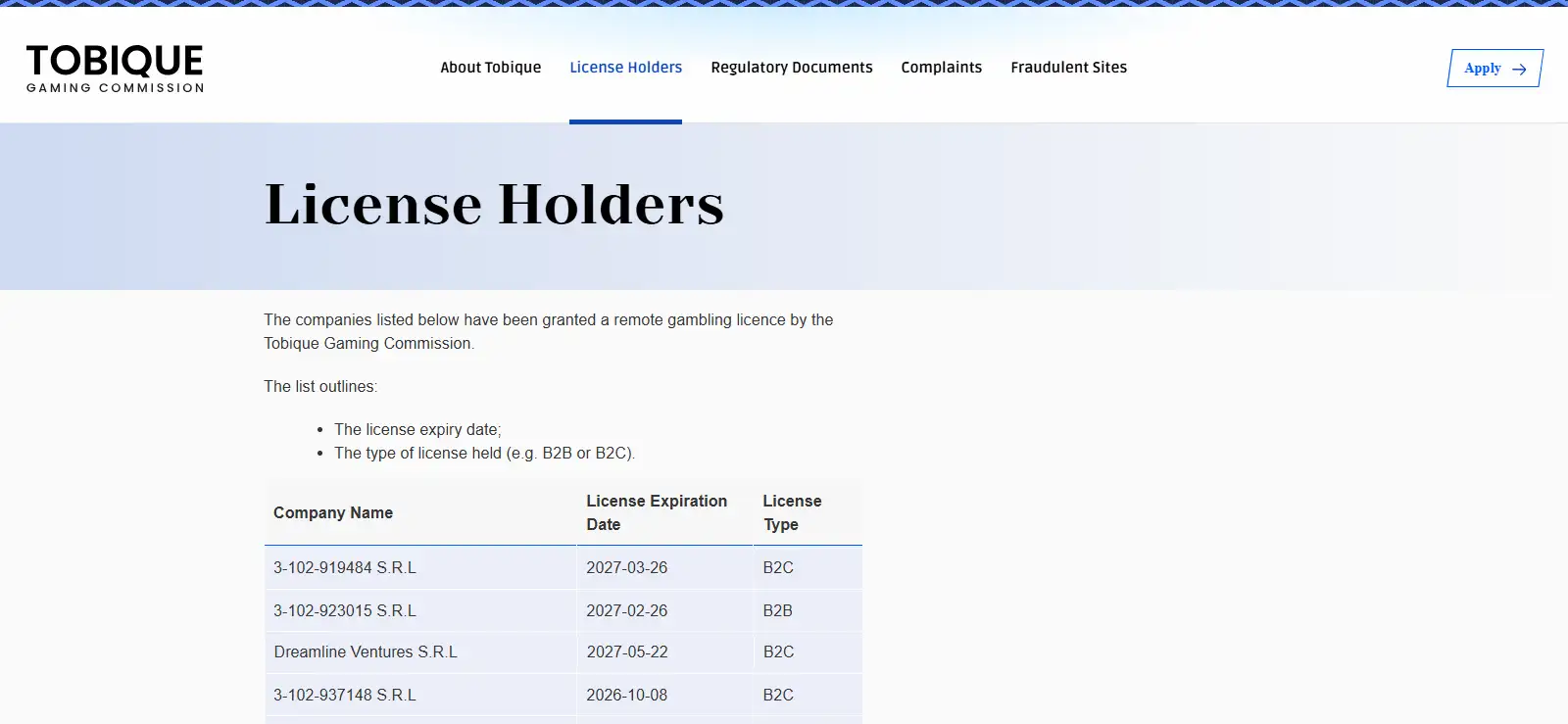 Tobique Gaming Commission licence-holder table row for Dreamline Ventures S.R.L.